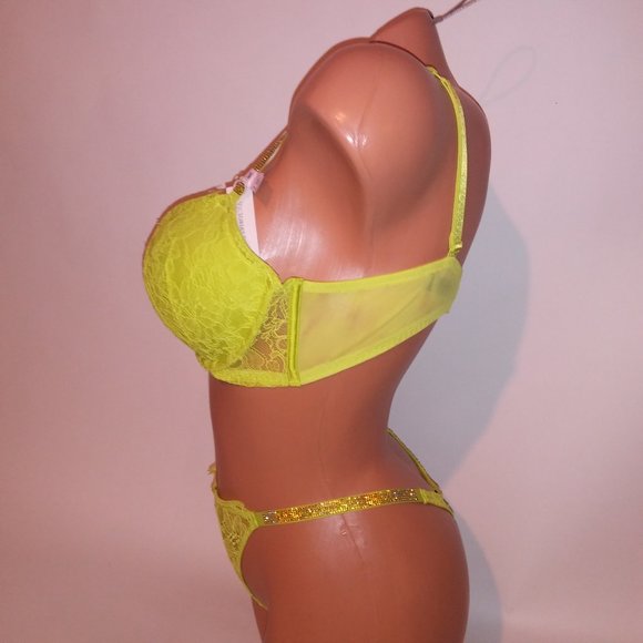 Victoria Secret Bra Set 36C Push Up Medium Thong Panty Yellow-Green Shine Strap - Picture 8 of 12